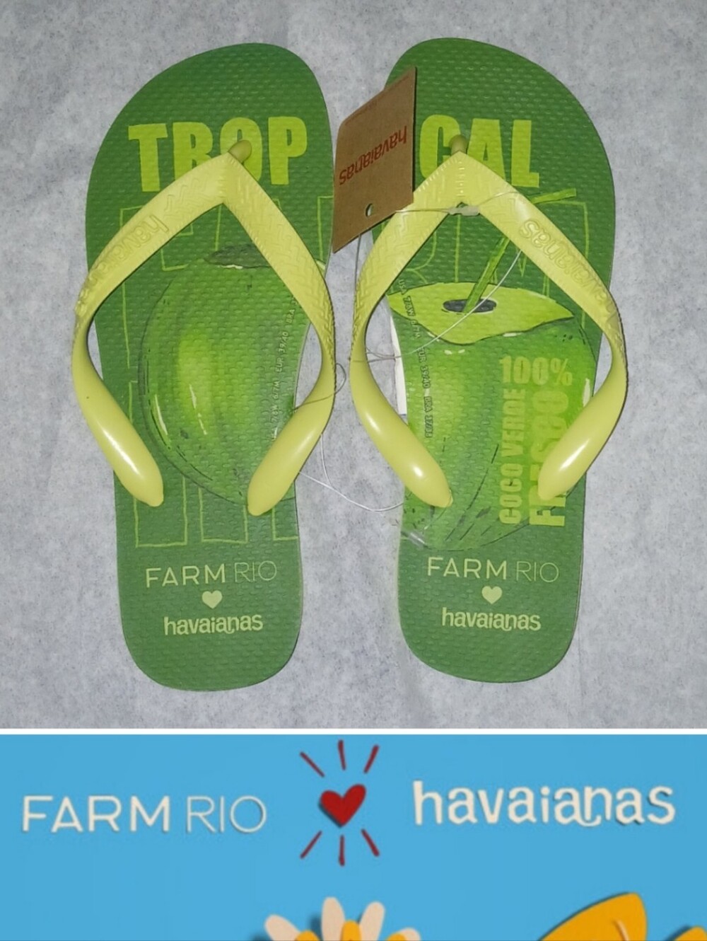 FARM Rio x Havaianas Tropical Coconut Rubber Flip Flops 7/8  Women , Green